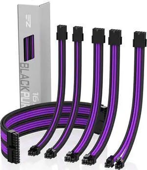 EZDIY-FAB PSU Cable Extension kit Sleeved Cable Custom Power Supply Sleeved Extension 16 AWG 24-PIN 8-PIN 6-PIN 4+4-PIN with Combs- Black/Purple