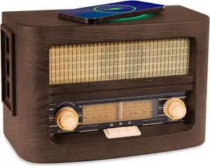 Fuse Vint Vintage Wood Retro Radio | Wireless Charging Pad | AM/FM Radio Speaker with Bluetooth & AUX Input | Mid Century Modern Style | Real Handcrafted Ashtree Wood Exterior