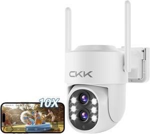 CKK 2MP Dual Lens Camera,Wireless WiFi 2.4/5GHz Outdoor Security Cameras Plug&Play for 10X Zoom Pan&Tilt 360deg,AI Motion Detection/Light Alarm, 24/7 Recording, Work w/Alex