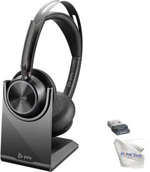 Plantronics Poly Voyager Focus 2 UC Wireless Headphones with Headset Stand, Compatible for Teams, Phones Calls, Zoom, Noise Cancelling Wireless Headset with Mic for Work, Over The Ear, GTW Microfiber