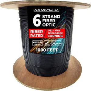 Cable Central LLC 6 Strand Indoor/Outdoor Fiber Optic Cable, OS2 9/125 Singlemode, Corning, Black, Riser Rated, Spool, 1000 Feet