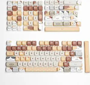 PBT Keycap Set, 143 Keys Cat Keycaps Design, Cherry MX Compatible, Dye-Sublimation for 60-100% Mechanical Keyboards, Brown & Beige