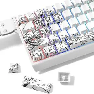 Womier PBT keycaps,Side Printed keycaps,White Wave of Kanagawa,Shine Through,Double Shot keyboard caps,dye-sub keycaps Set,Cherry Profile keycaps for MX Switches Mechanical keyboard(only keycaps)