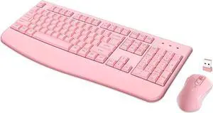 Wireless Keyboard and Mouse Combo, Full-Sized 2.4GHz Wireless Keyboard with Comfortable Palm Rest and Optical Wireless Mouse for Windows, Mac OS PC/Desktops/Computer/Laptops (Full Pink)