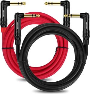 DREMAKE Right Angle TRS 6.35mm Stereo Audio Cable 10FT, 2 Pack 6.35mm Balanced Guitar Amp Cord, TRS 1/4 Inch Male to Male Interconnect Cord for Mixer, Speaker, Equalizer Quarter Inch Right Angle Plug