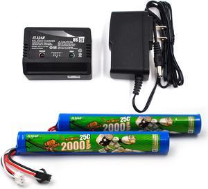 (2-Pack) 7.4V 2000mAh Li-ion Battery Replacement for Splatter Ball Gun Gel Bead Blaster Airsoft, Compatible with Splatrball SRB1200 400 400-SUB; with 7.4V 2S Balance Charger