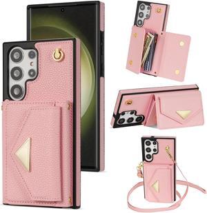 Compatible with Samsung Galaxy S22 Ultra 5G Wallet Case Crossbody Credit Card Holder Strap Lanyard Kickstand Flip Leather Stand Cell Accessories S22ultra 22S S 22 S22ultra5g 6.8 Girls Women Pink