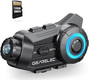 GEARELEC Motorcycle Helmet Bluetooth Headset with Camera [(2K & HiFi Stereo Sound)]  Motorcycle Bluetooth Headset with Upgraded Speakers, Motorcycle Camera 128G TF Card/Music Sharing/ IP65 Waterproof