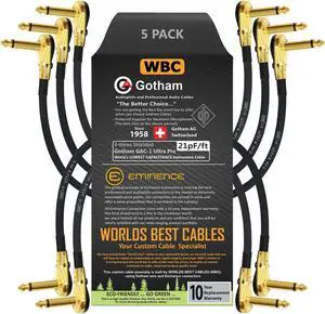 WORLDS BEST CABLES 5 Units - 9 Inch - Gotham GAC-1 Ultra Pro - Low-Cap (21pF/ft) Guitar Bass Effects Instrument, Patch Cable & Gold (6.35mm) Low-Profile R/A Pancake Type Connectors - Custom Made