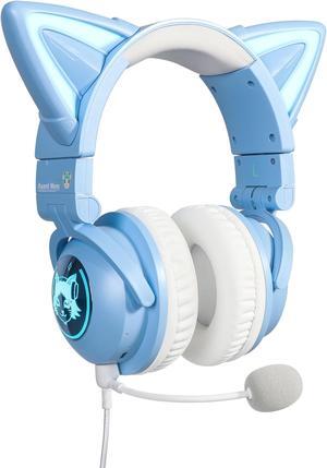 Axent Wear New Edition Wireless Cat Ear Headphones (12 Color Changing) 3.5mm Jack, Bluetooth&Wired connection (Blue)