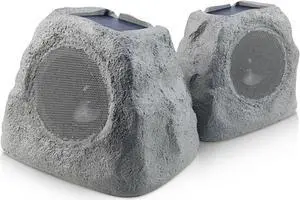 iHome IHRK-500LTMS-PR Solar Rechargeable 30W Outdoor LED Rock Speaker, Weatherproof, Wireless, Multi-Link Surround Sound, for Pool and Garden - Pair