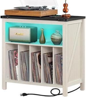 Joaxswe Large Record Player Stand with Charging Station & LED Lights, White Vinyl Record Storage Table Holds up to 230 Albums, Turntable Stand with Display Shelf for Music Room Bedroom Living Room