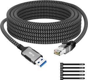 USB to Ethernet Cable 25 FT, USB 3.0 A Male to RJ45 Male Cord, Directly Connected, Aluminum Portable USB to RJ45 Gigabit LAN Network Cable for Laptop, PC, Switch, More, Braided Cable with 5 Pcs Ties
