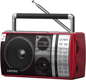 LEOTEC AM FM Radio, Portable Bluetooth Radio, Plug in Wall or Battery Operated Best Reception with Headphone Jack, Handheld Great for Home, Outdoor, Red