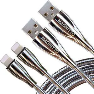 MAGNITTO Metal Braided USB Fast Charging Cable, Stainless Steel, Strong Durable Wire, Tangle Free, Heavy Duty, Chew Proof, USB2.0 Cables Sync Charger Cords - 6ft 2pack