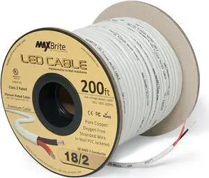 18AWG LED Cable/Speaker Wire 2 Conductor in-Wall Plenum Rated Jacketed, Low Voltage Wiring, UL Class 2 Certified - 200 ft Spool