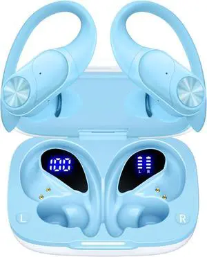 Bluetooth Headphones Wireless Earbuds 80hrs Playtime Wireless Charging Case Digital Display Sports Ear buds with Earhook Premium Deep Bass IPX7 Waterproof Over-Ear Earphones for TV Phone Laptop Blue