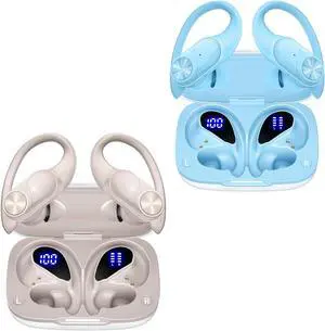 2 Sets Bluetooth Headphones Wireless Earbuds 80hrs Playtime Wireless Charging Case Sports Ear buds with Earhook Premium Deep Bass IPX7 Waterproof Over-Ear Earphones for TV Phone Laptop White and Blue