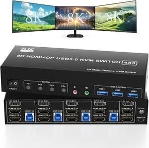 KVM Switch 3 Monitors 4 Computers 8K@60Hz 4K@144Hz, 2 HDMI+1 Displayport KVM Switch Triple Monitor for 4 Computer Share 3 Monitor and 3 USB3.0 Port Keyboard Mouse, Support Extended and Copy Mode