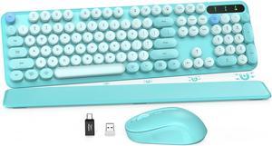 Wireless Keyboard and Mouse Combo - Blue Keyboard with Round Keycaps, Full-Size Retro Typewriter Keyboard with Detachable Wrist Rest, 2.4GHz Connection for Mac/Windows/PC (Blue-Colorful)