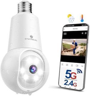 SYMYNELEC 2.5K 5GHz/2.4GHz Light Bulb Security Camera Outdoor, Dual-Band WiFi Light Socket Camera with AI Human Motion Detection Tracking Spotlight Color Night Vision Siren Alarm Compatible with Alexa