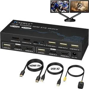 TCNEWCL KVM Switch 2 Monitors 2 Computers, 4K@60Hz Dual Monitor KVM Switch for 2 PC Share 2 Monitor 3 USB 2.0 Hub, Support Extended/Copy Mode with 4 HDMI Cables+2 USB Cable and Desktop Controller