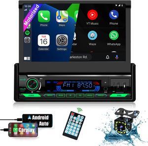 (Motorized&HD Screen) Single Din Apple Carplay Car Stereo with Android Auto - 7 Inch Flip Out Touchscreen Car Radio with Bluetooth| Mirror Link| Backup Camera/USB/AUX Input/AM/FM/Subwoofer/DSP