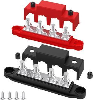 VenxyKod Bus Bar 3/8" Power Distribution Block 250A 12V Terminal Block 4 Studs Junction Block Max 48V with Cover Automotive Marine Busbar(Negative and Positive)