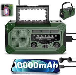 10000mAh Emergency Hand Crank Radio with LED Flashlight, AM/FM NOAA Portable Weather Alert Radio, Solar Powered Radio with Phone Charger, USB Charged, Headphone Jack, SOS Alarm, Compass for Outdoors