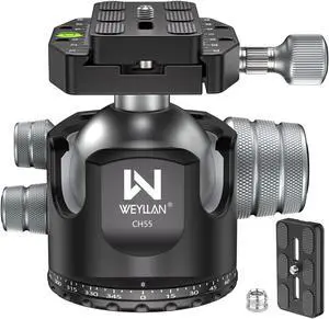 Low Profile Ball Head 55mm Tripod Ball Head WEYLLAN CH55 Heavy Duty 360 Panoramic Tripod Head, Large Size CNC Aluminum Camera Head for Tripod, with Two Arca Quick Release Plates, Max Load 88lbs/40kg