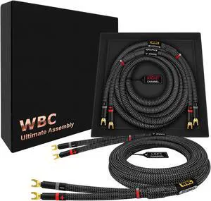 WORLDS BEST CABLES 6 Foot Ultimate - 7 AWG - Ultra-Pure OFC  Extra Premium Audiophile HiFi Speaker Cable Pair with Eminence Spade Plugs & Carbon Tweed Jacket