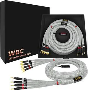 WORLDS BEST CABLES 10 Foot Ultimate - 12 AWG - Ultra-Pure OFC - Premium Audiophile HiFi Bi-Amp Speaker Cable Pair with Eminence Gold Banana (x4) & Spade (x4) Plugs & Silver Tweed Jacket