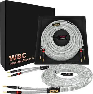 WORLDS BEST CABLES 20 Foot Ultimate - 12 AWG - Ultra-Pure OFC - Premium Audiophile HiFi Speaker Cable Pair with Eminence Gold Banana Plugs & Silver Tweed Jacket
