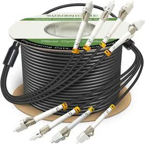 YUTIANHOME 50 Meters 4 Core OM3 Multimode Industrial TPU LC to LC Outdoor Armored Fiber Patch Cable, Direct Burial 4 Strands Fiber Optic Cable, 10Gb Duplex 50/125um MMF LC-LC 4 Fibers, Black