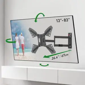 Barkan 26.4'' Long TV Wall Mount, 13-83 inch Full Motion Articulating - 4 Movement Flat/Curved Screen Bracket, Holds up to 110lbs, Extremely Extendable, Fits LED OLED LCD