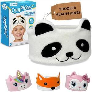 Toddler Headphones Wireless for 2+ Year Old Girl & Boy - Kids Headband Headphone for Plane - Volume Safe Earphones - Wired Adapter & Travel Bag for School Home Car - Cozy StoryTime - Panda (Patches)