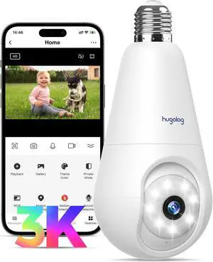 Hugolog 3K 5MP Light Bulb Security Cameras Wireless Outdoor-2.4GHz Cameras for Home Security Indoor with AI Sound Processing&Motion Detection,Color Night Vision,Auto Tracking,Siren Alarm,2-Way Talk