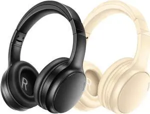 Bingozones A10 Hybrid Active Noise Cancelling Headphone, Wireless Headphones with Microphone, Bluetooth 5.3 Headset, 20+H Playtime, Lightweight Wired Headphones for Tablet/PC - Black & Beige
