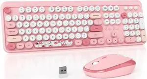 Mosptnspg 2.4G Colorful Keyboard, 104 Key Pink Wireless Customized Membrane Round Keycaps Retro Typewriter Office Keyboard for PC/Mac/Laptop/Tablet/Computer Windows (Pink)