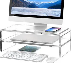 Egchi Clear Acrylic Monitor Stand Riser 2 Tier, 5.12 Inches High Clear Computer Desk Organizer Shelf for Multi Media PC Storage Laptop