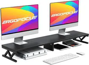ErgoFocus Dual Monitor Stand Riser, Large Wood Monitor Riser for 2 Monitors, Monitor Lift with Storage for Desk, Sturdy Wood&Steel Multi Screen Stand, Desktop Organizer Monitor Stand for Computer