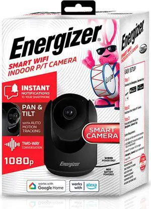 Energizer Smart 1080p Indoor Pan & Tilt Wired Camera, Motion Tracking, Two-Way Conversation, Night Vision, Instant Notifications, Works with Google Home and Alexa, Night Vision, Black