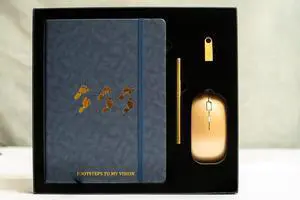 Footsteps to My Vision Blue Notebook Set  Deluxe Personalized Leather Journal with Pen Set  8GB USB Flashdrive, Wireless Mouse, Leather Planner for Men and Women Create Action Plan, Smart Goal