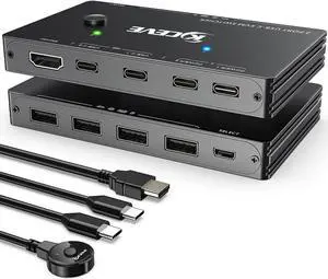 USB-C KVM Switch, KCEVE 2 Ports KVM Type-C Switcher Box Support 4K@60Hz for 2 Computers Share Keyboard Mouse and Monitor, Suppprt 87W PD Fast Charging