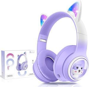 QearFun Cat Headphones for Girls Kids for School, Kids Bluetooth Headphones with Microphone & 3.5mm Jack, Teens Toddlers Wireless Headphones with Adjustable Headband for ipad/Tablet/PC(Purple)