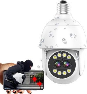 Bulb Camera WiFi Security Camera Water Proof 360deg, 4MP HD Home Outdoor Light Bulb Camera Dual Lens with Auto Motion Detection Alarm Night Vision, 2.4Ghz WiFi Motion Detection, Compatible with Alexa