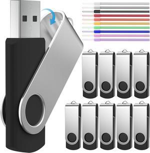 Flash Drive 8GB 10 Pack USB 2.0 Thumb Drives Bulk Portable Swivel Memory Stick, FEBNISCTE Black Pendrive Zip Drive Jump Drives for Data Storage
