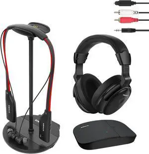 SIMOLIO Wireless Earphones and Wireless Headphones for TV, No Pairing, No Delay, 100FT Long Range, Supports Digital Optical & RCA & AUX Outputs