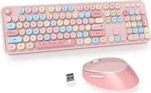 Owpkeenthy Pink Keyboard and Mouse Wireless, Cute Colorful Typewriter Keyboard Full-Sized with Number Pad Round Keycaps for Desktop, Laptop and Computer(Coloful Pink)
