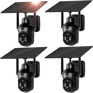 Xega 4 Pack WiFi Solar Security Camera, HD PTZ Wireless Outdoor IP Camera Surveillance Rechargeable Battery with Solar Panel, IR Night Vision, 2-Way Audio, PIR Motion Detection, IP66 Waterproof